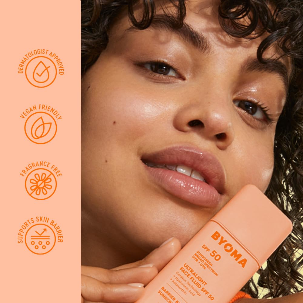 Byoma Spf 50 Face Fluid - Ultra-Lightweight Facial Sunscreen For All Skin Tones - Luminous Glow, No White Cast - Spf Moisturizer Strengthens Skin Barrier - 1.69 Fl.Oz