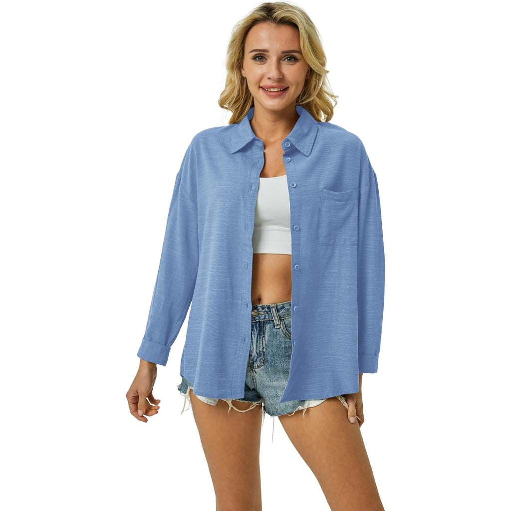 Womens Button Down Shirts Cotton Linen Long Sleeve Dress Shirts Casual Summer Tops Work Blouses With Pockets
