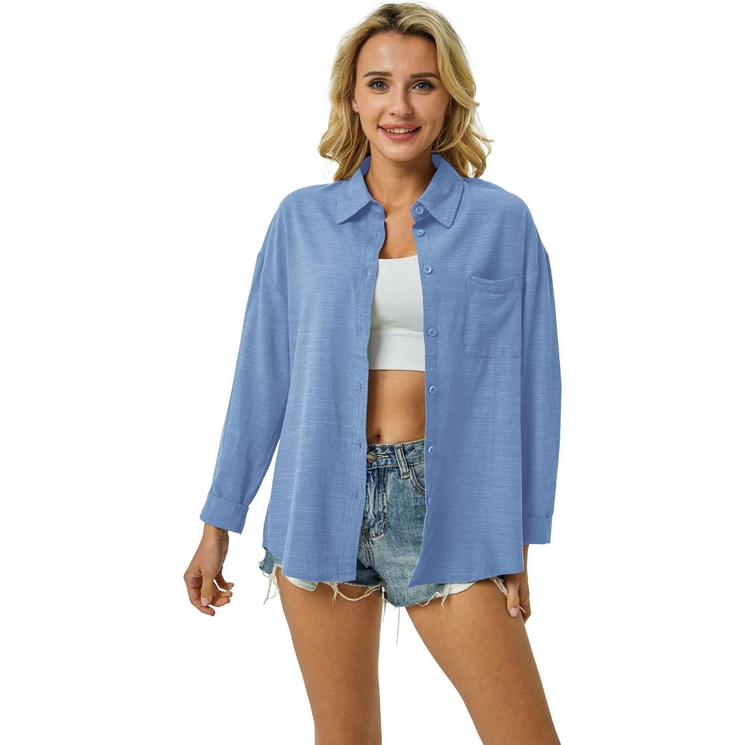 Womens Button Down Shirts Cotton Linen Long Sleeve Dress Shirts Casual Summer Tops Work Blouses With Pockets