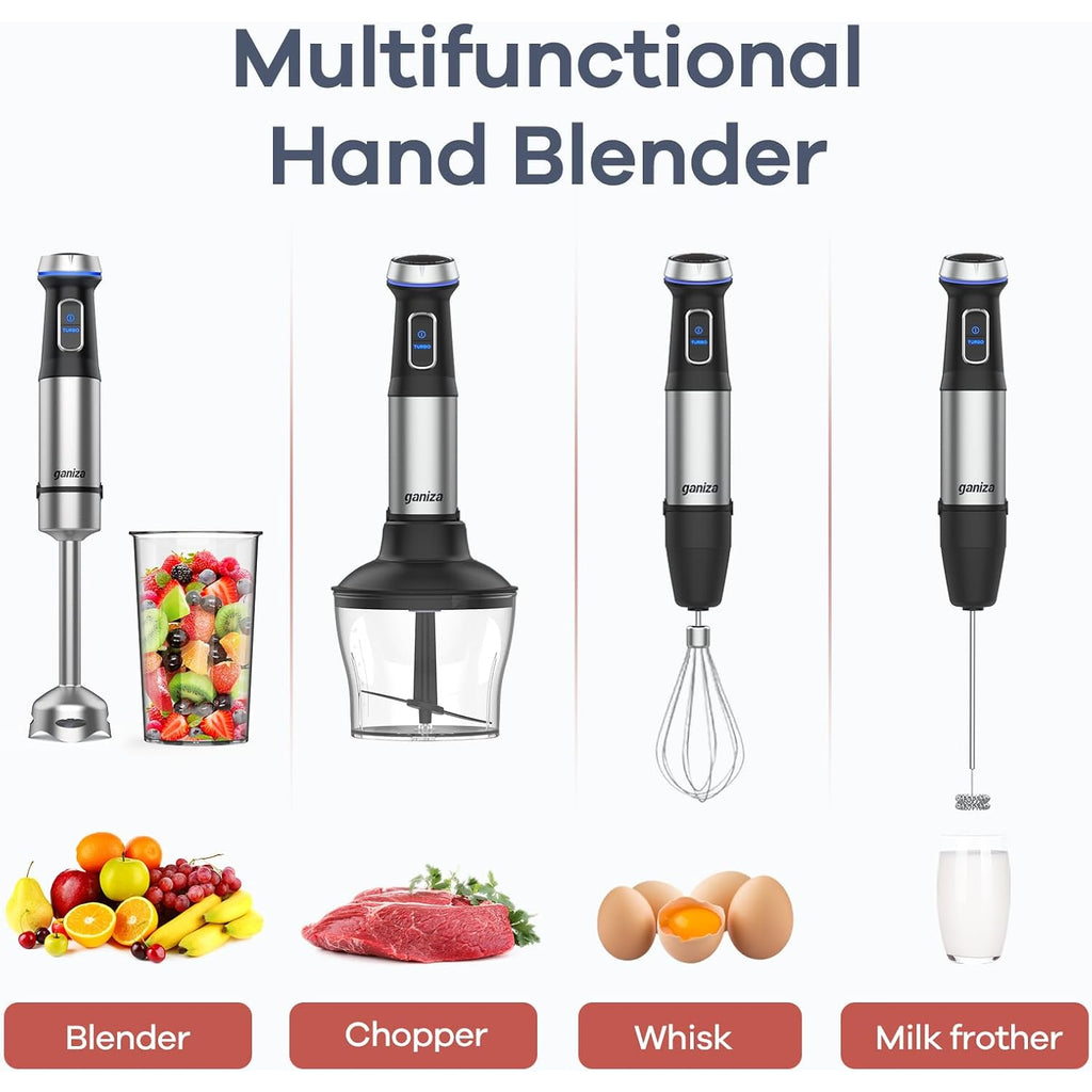 Ganiza Immersion Blender 5 in 1 Hand Blender Max 1000W Heavy Duty Motor, 16 Speed Mode Handheld Blender Stainless Steel Blade With 800ml Mixing Beaker, 600ml Chopper, Whisk and Milk Frother