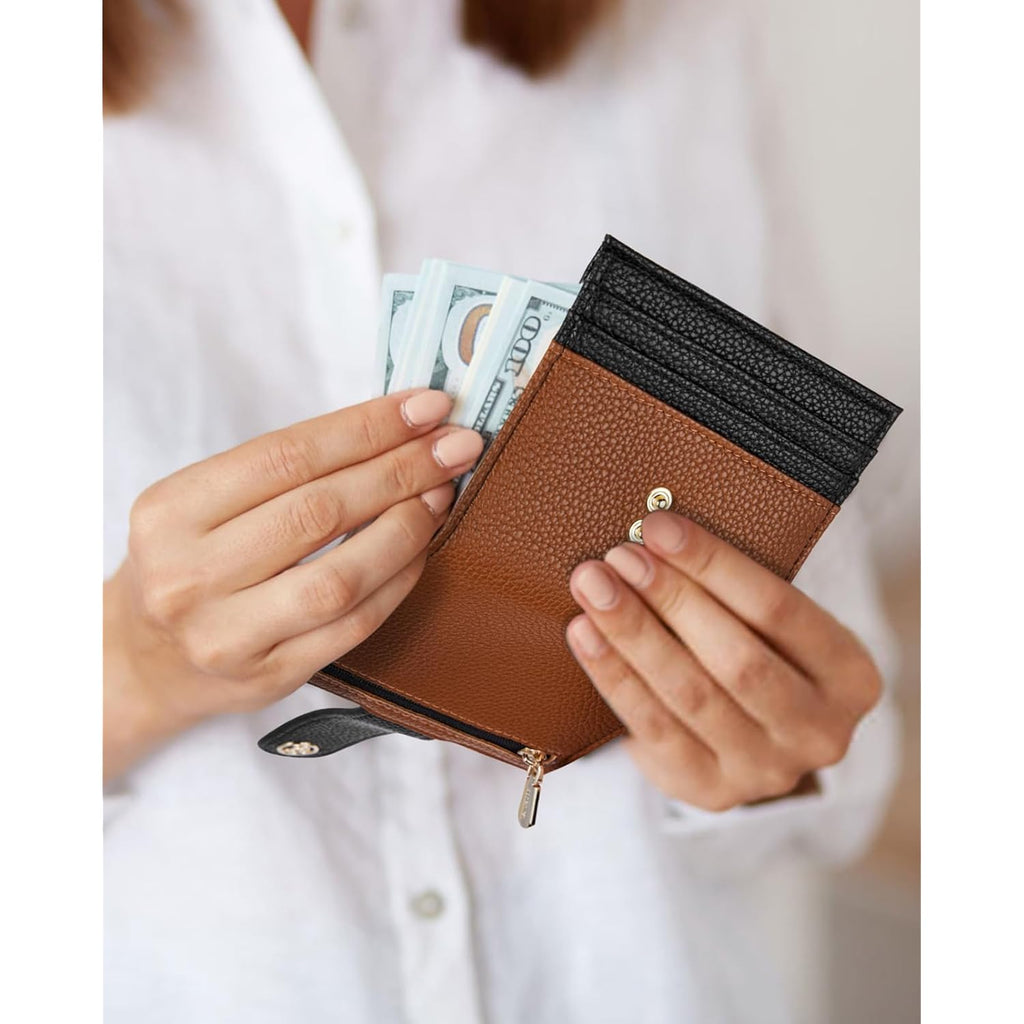 BOSTANTEN Slim Wallet for Women Small RFID Blocking Credit Card Holder Leather Bifold Wallets with Zipper Coin Pocket Black＆Brown