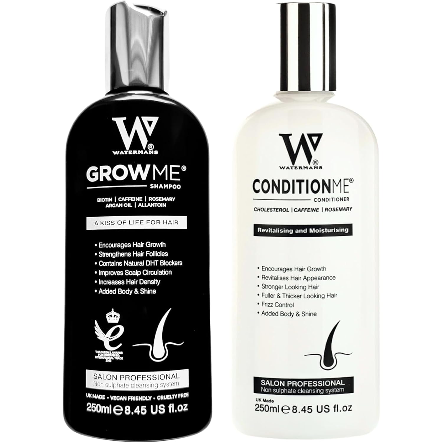 Hair Growth Shampoo & Conditioner by Watermans UK Biotin, Argan Oil, Allantoin, Rosemary, Niacinamide, Lupin. Male & Female Hair Loss Products
