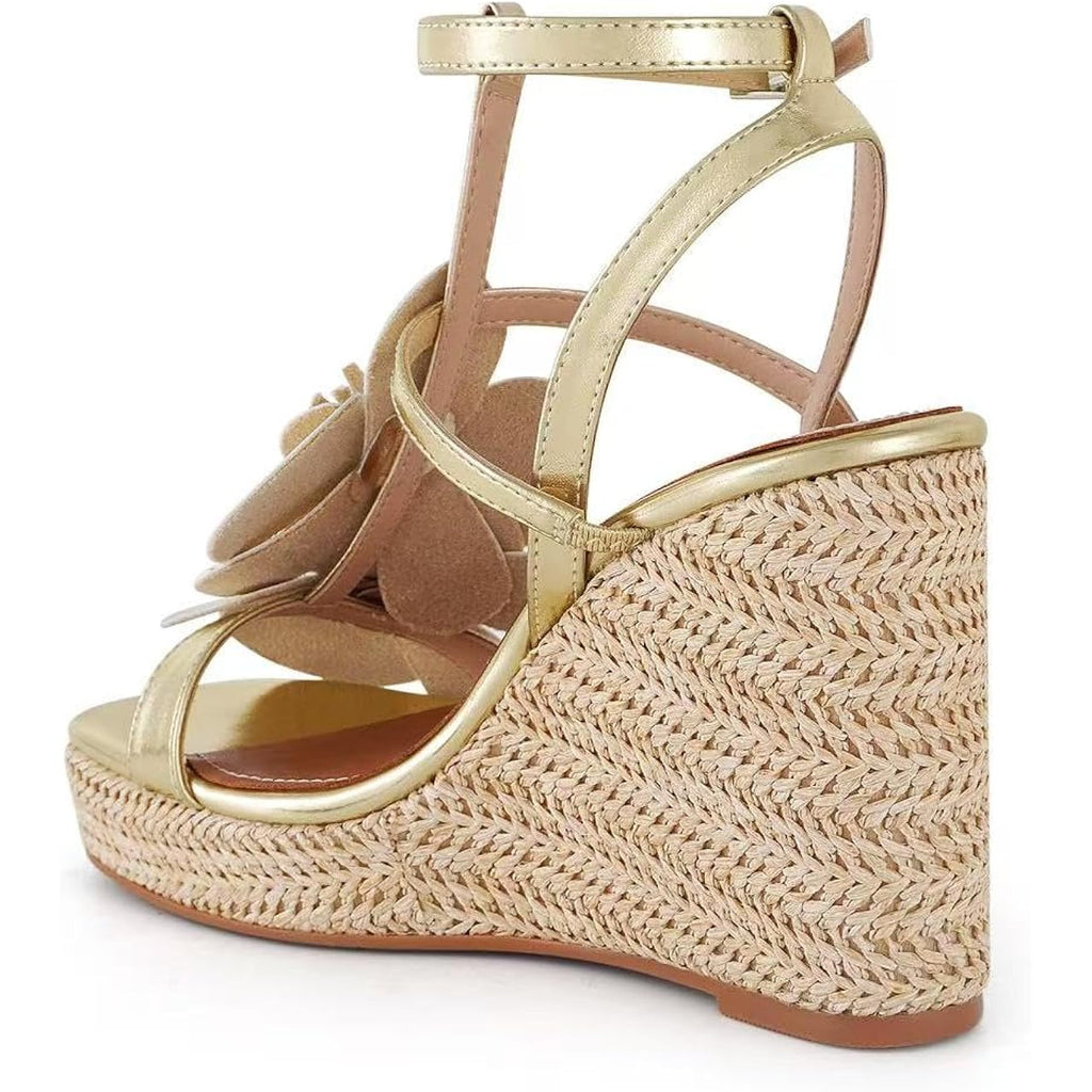Floral Comfortable Wedge Sandals For Women 2026 Vacation Raffia Heels Ankle Wrap Espadrilles Casual Open Toe Platform Summer Shoes