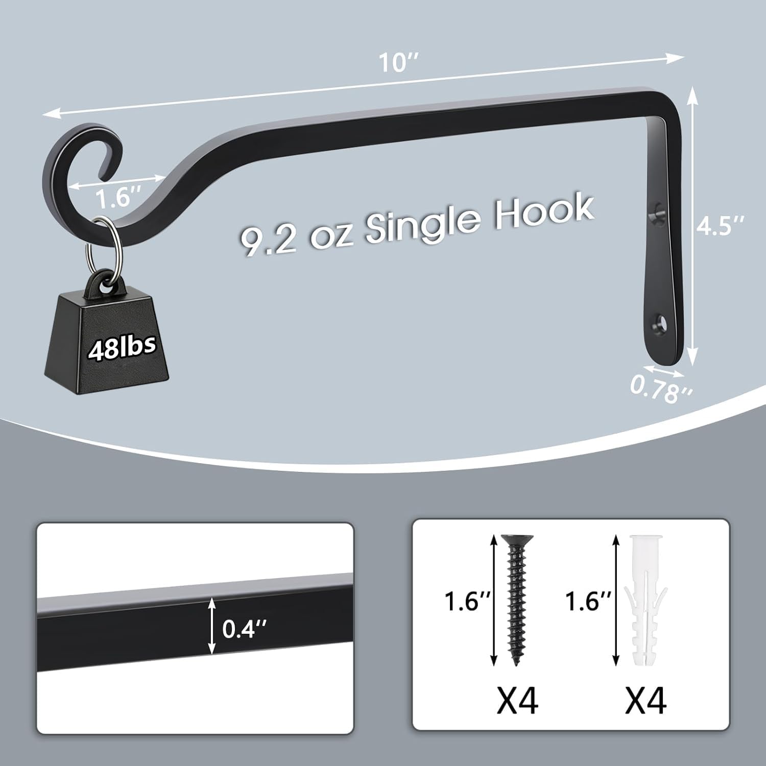 10" Heavy Duty Outdoor Plant Hanger Wall Bracket, 2 Pack | 48Lb Capacity,Rust-Resistant Finish,Easy Installation,Fit Hanging Baskets,Ideal For Bird Feeders & Lanterns