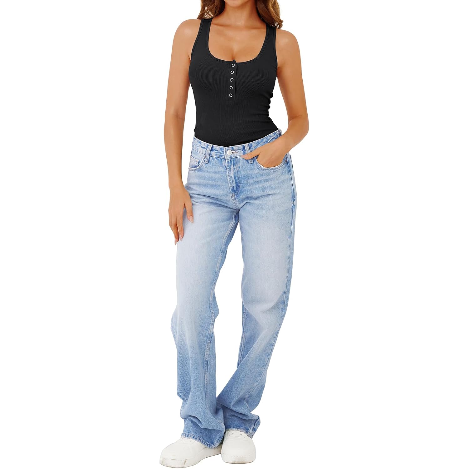 GKBK Womens Low Cut Ribbed Tank Tops Scoop Neck Sexy Casual Fitted Sleeveless Henley Racerback Summer Cami Shirts