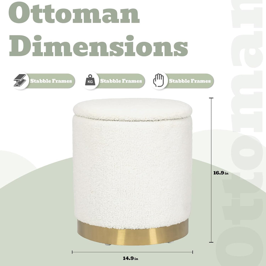 Boucle Round Ottoman With Storage,Vanity Stool With Storage For Bedroom, Ottoman Coffee Table,Small Boucle Foot Stool For Living Room, White With Gold Plating Base