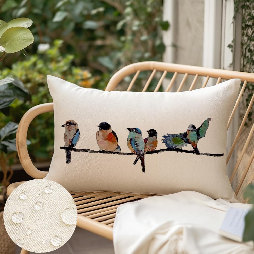 Outdoor Pillow Covers Waterproof 12X20,Outdoor Bird Lumbar Throw Pillow Cases Small Decorative Pillows For Couch Patio Furniture Polyester Linen Teal Blue