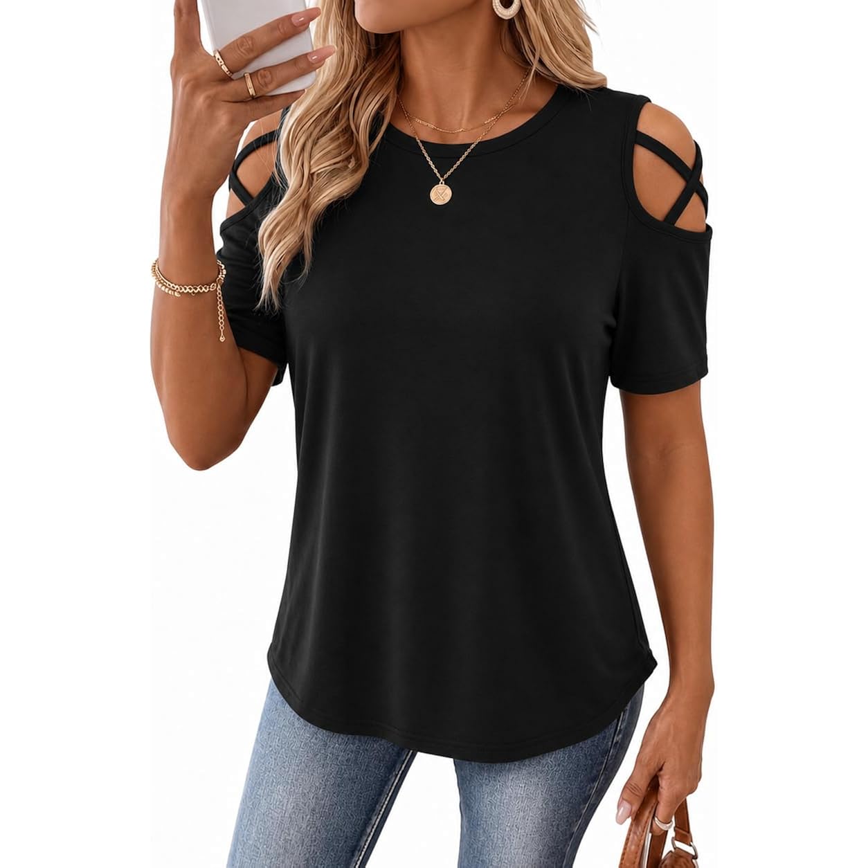 Women's Summer Tops Short Sleeve Cold Shoulder Tops T-Shirts for Women Spring Summer Tops Loose Fit Tunic 2026