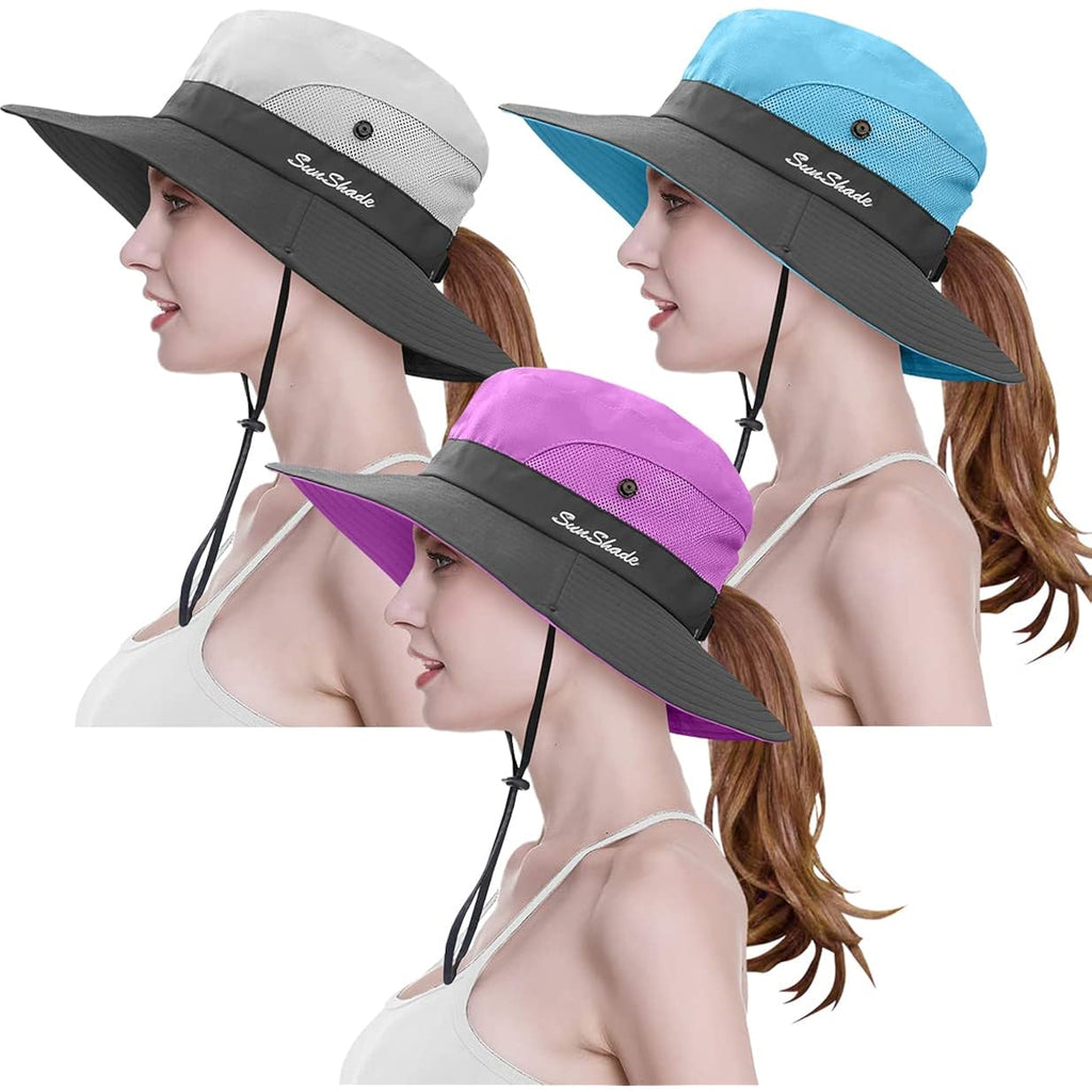 3 Pieces Womens Ponytail Wide Brim Sun Hat Packable Uv Protection Beach Cap For Fishing & Hiking