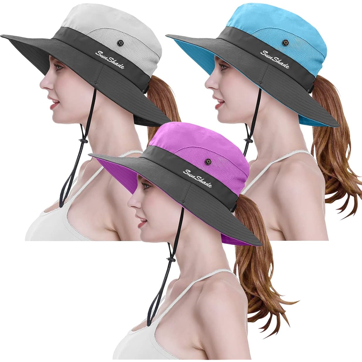 3 Pieces Womens Ponytail Wide Brim Sun Hat Packable Uv Protection Beach Cap For Fishing & Hiking