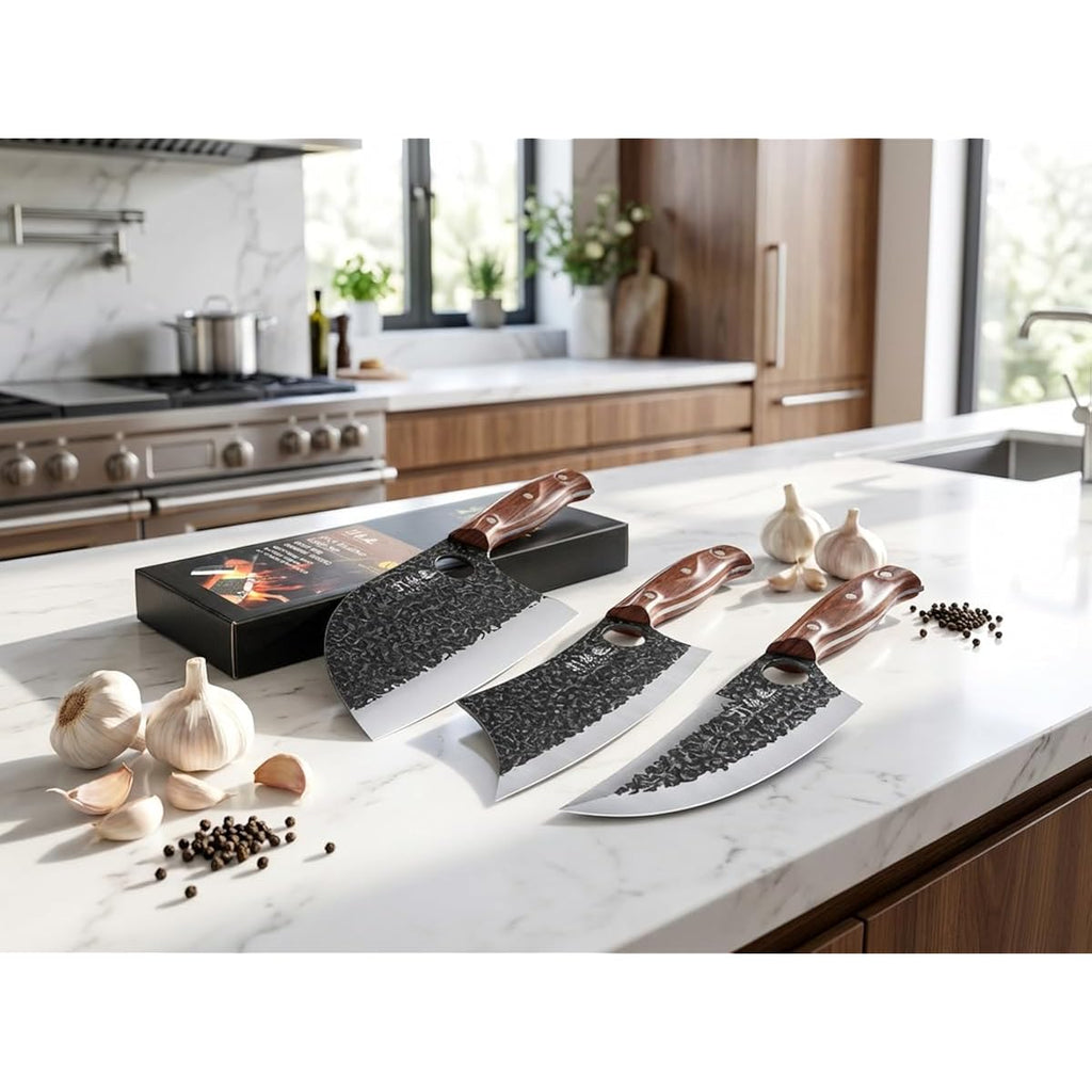 3Pcs Butcher Knife Set, 7" Butcher Meat Cleaver, 7" Serbian Chef Knife And 6.5" Viking Knife, Hand Forged Kitchen Knife Set With Plastic Handle, Geat For Home, Camping, Bbq (Unique Finger Hole Design)