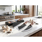 3Pcs Butcher Knife Set, 7" Butcher Meat Cleaver, 7" Serbian Chef Knife And 6.5" Viking Knife, Hand Forged Kitchen Knife Set With Plastic Handle, Geat For Home, Camping, Bbq (Unique Finger Hole Design)
