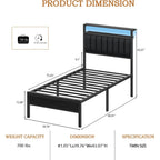 Twin Size Bed Frame With Charging Station And Led Lights, Platform Bed With Metal Slats, Grey Upholstered Headboard With 2-Tier Storage Shelves, No Box Spring Needed