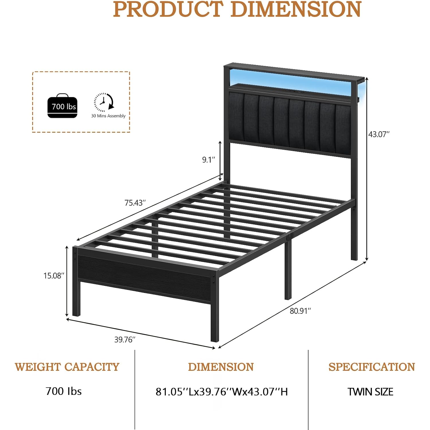 Twin Size Bed Frame With Charging Station And Led Lights, Platform Bed With Metal Slats, Grey Upholstered Headboard With 2-Tier Storage Shelves, No Box Spring Needed