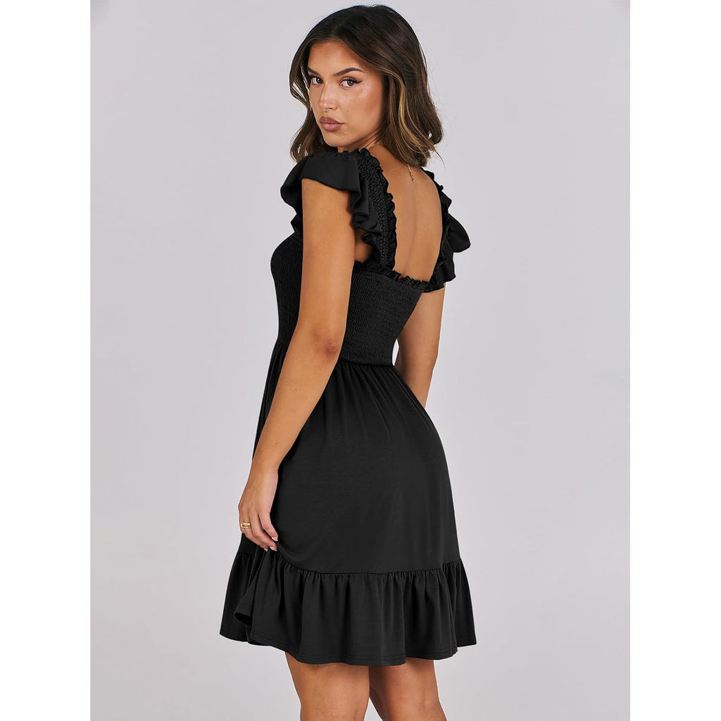Anrabess Women'S Summer Casual Sleeveless Square Neck Dress 2026 Smocked Ruffle Backless Boho Beach Cute Teen Short Sundress