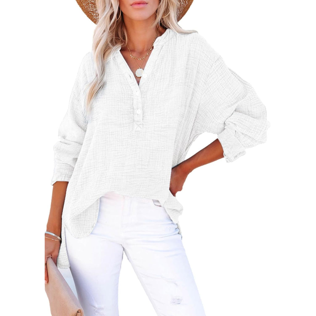 Womens Casual Button V Neck Long Sleeve Shirts Oversized Solid Blouses Tops
