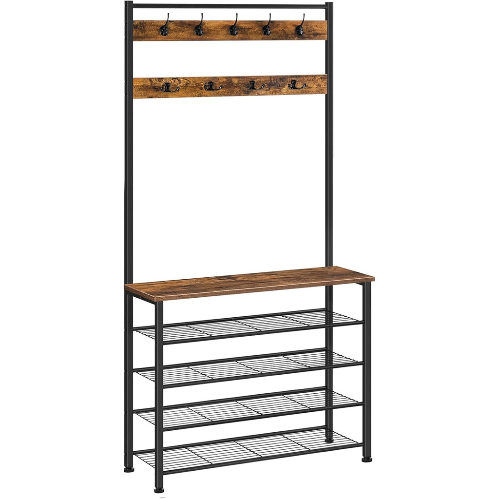 HOOBRO Hall Tree, Coat Rack with Shoe Rack, Hall Tree with Bench, 5 Tier Shoe Storage Organizer with 9 Hooks for Entryway, Closet, Sturdy, Industrial, Rustic Brown and Black BF80MT01G2