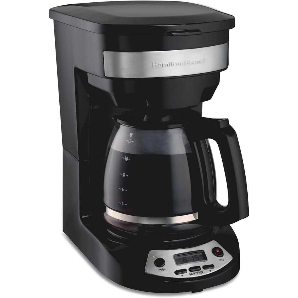 Hamilton Beach 12 Cup Programmable Drip Coffee Maker | Regular & Bold Brew Options | Auto Pause And Pour | Glass Carafe | Black With Stainless Accents | 46299J