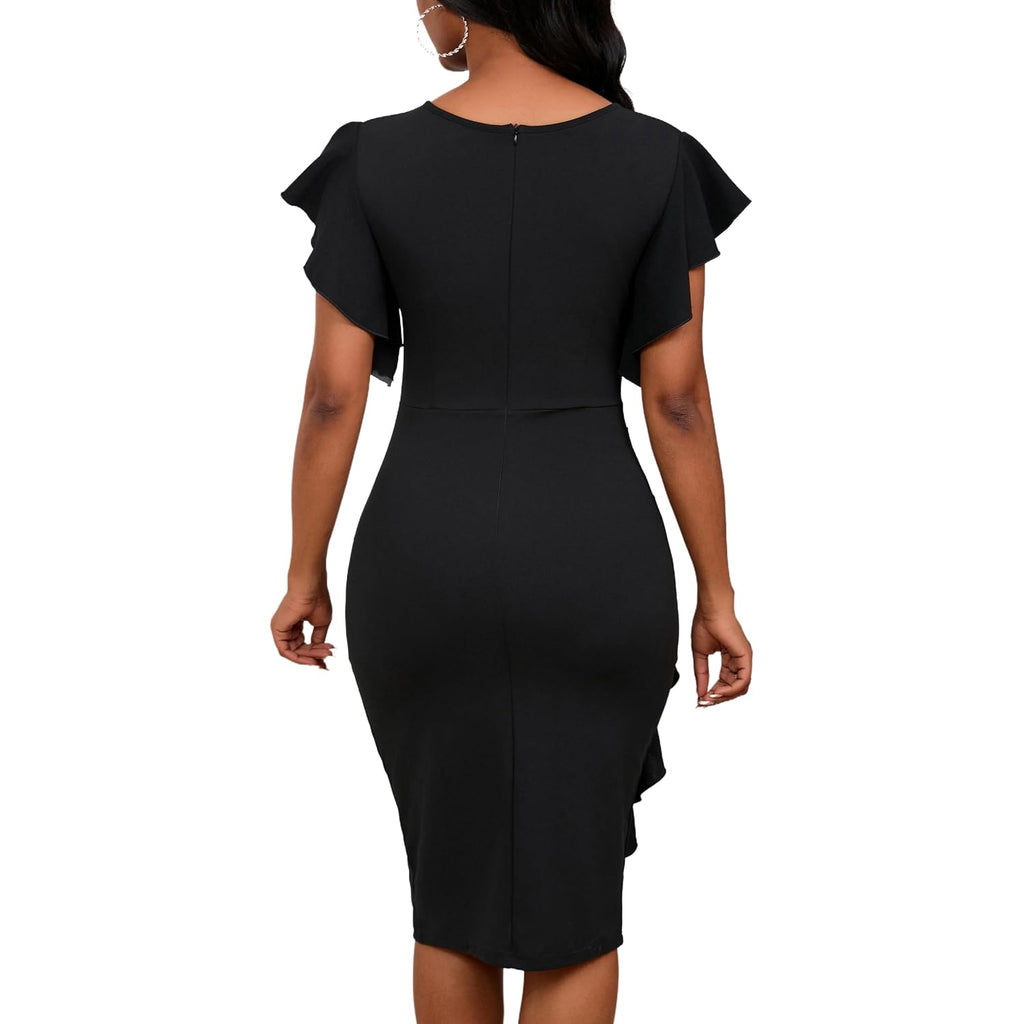 Womens Short Ruffle Sleeve Church Dress 50S Vintage Crew Neck Bodycon Work Pencil Midi Dress