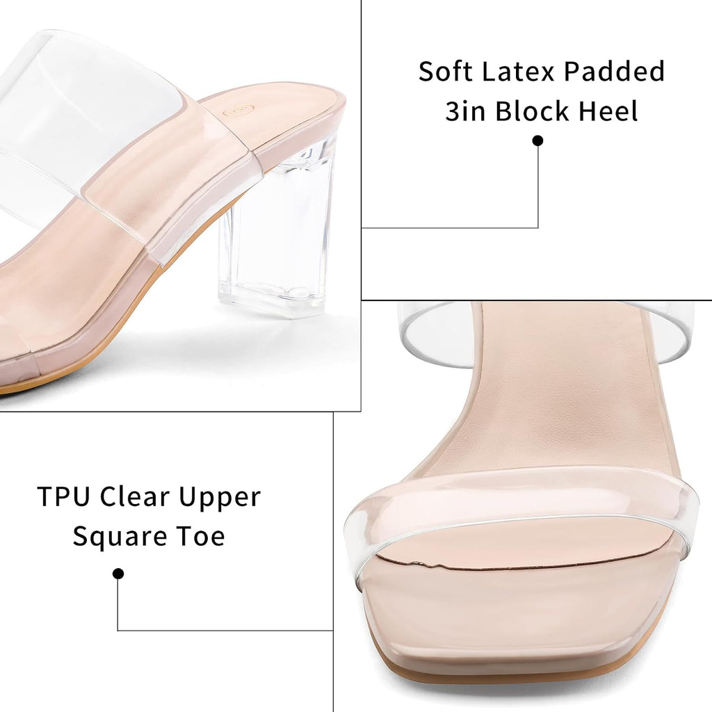 Mysoft Clear Heels For Women Transparent Two Strap Block Chunky Square Heel Sandals Open Toe Slip On Sandals