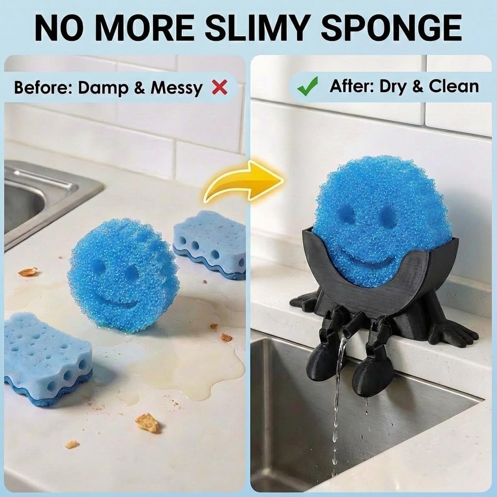 Creative Drainage Sponge Holder: Traceless Glue, 3D Printed Funny Kitchen Sink Holder, Keeps Sponge Dry – For Scrub Daddy (1, Black)