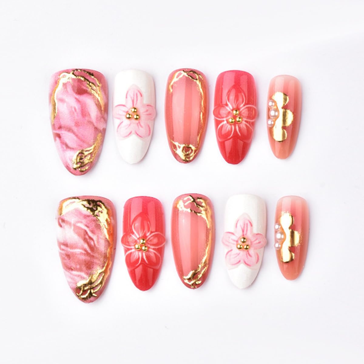 30Pcs Pink Press on Nails Medium Almond Fake Nails with Gold Beads Pearl Design Gold Floral Full Cover Acrylic Stick on Nail 3D Gradient Flower False Nails for Women Spring Summer Manicure Decoration