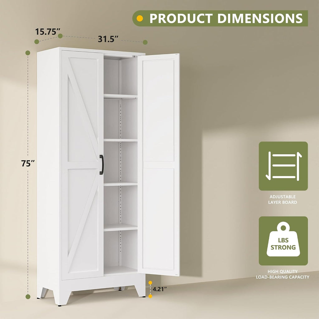 Farmhouse Storage Cabinet,75" H Metal Pantry Cabinet With Barn Doors And Adjustable Shelves,75" H 6-Tier Rustic Pantry Organizers For Kitchen,Dining Room,White