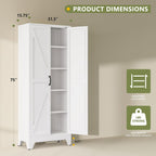 Farmhouse Storage Cabinet,75" H Metal Pantry Cabinet With Barn Doors And Adjustable Shelves,75" H 6-Tier Rustic Pantry Organizers For Kitchen,Dining Room,White