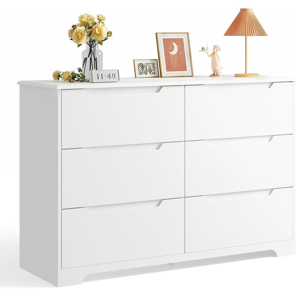 Gizoon 6 Drawer Double Dresser For Bedroom With Anti-Tip Design, Modern Wide Wooden Chest Of Drawers With Cut-Out Handles, Closet Storage Organizer And Tv Stand For Living Room, Hallway, Entryway