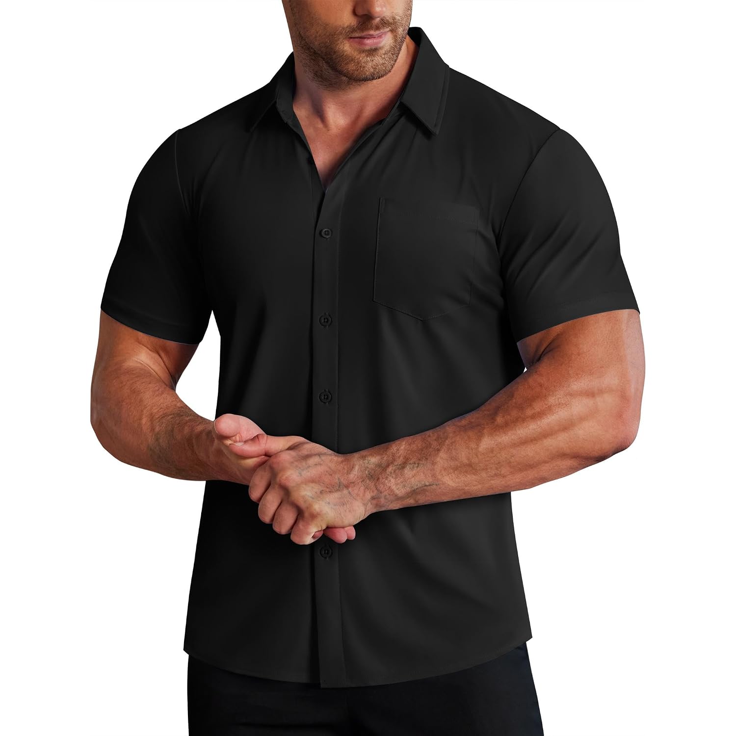 Coofandy Men'S Muscle Fit Dress Shirts Stretch Wrinkle-Free Short Sleeve Casual Button Down Shirts