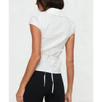 Seyumixi Y2K Button Up Shirt Women Short Sleeve V Neck Cropped Blouse Slim Fitted Collared Top Cute Preppy Coquette Tops