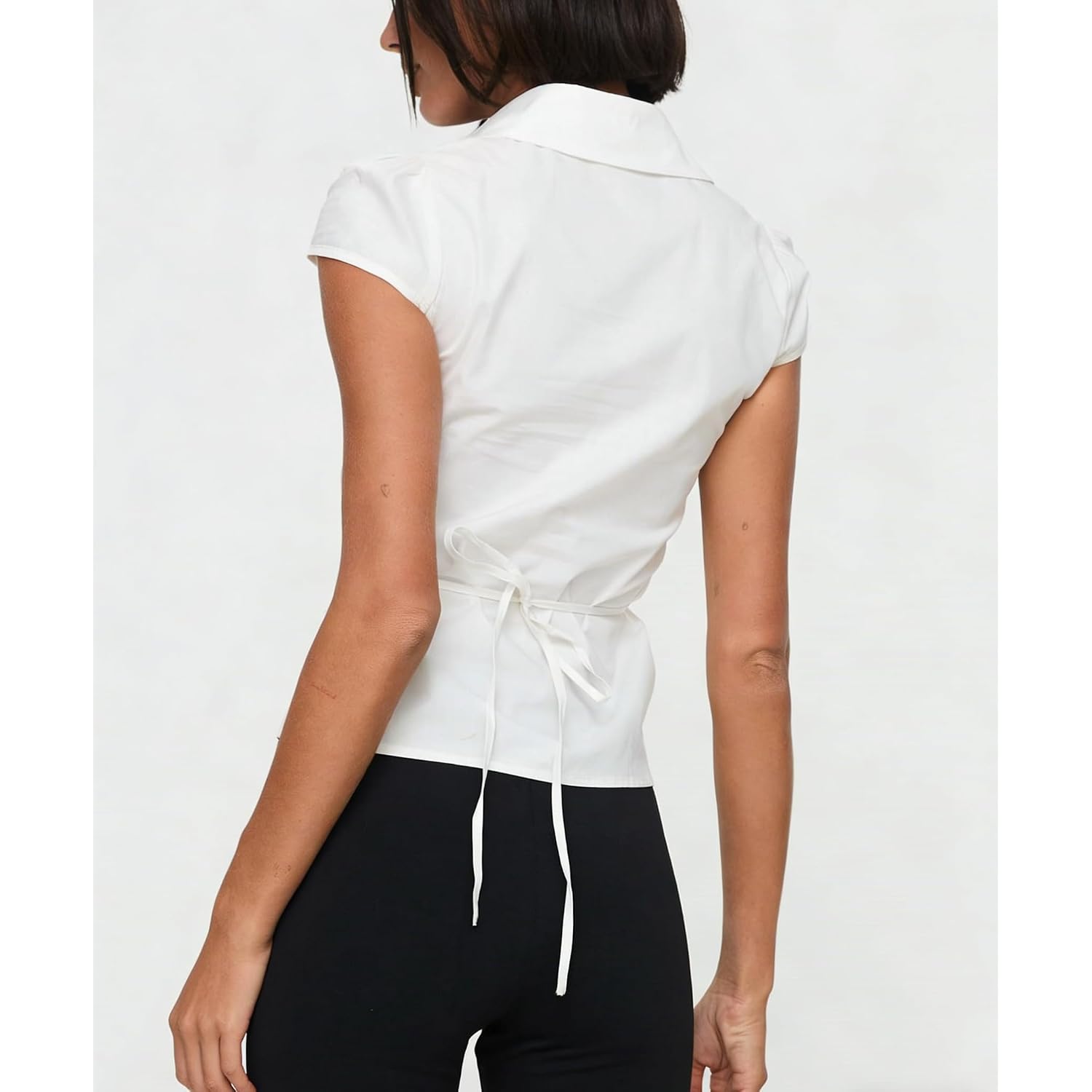 Seyumixi Y2K Button Up Shirt Women Short Sleeve V Neck Cropped Blouse Slim Fitted Collared Top Cute Preppy Coquette Tops