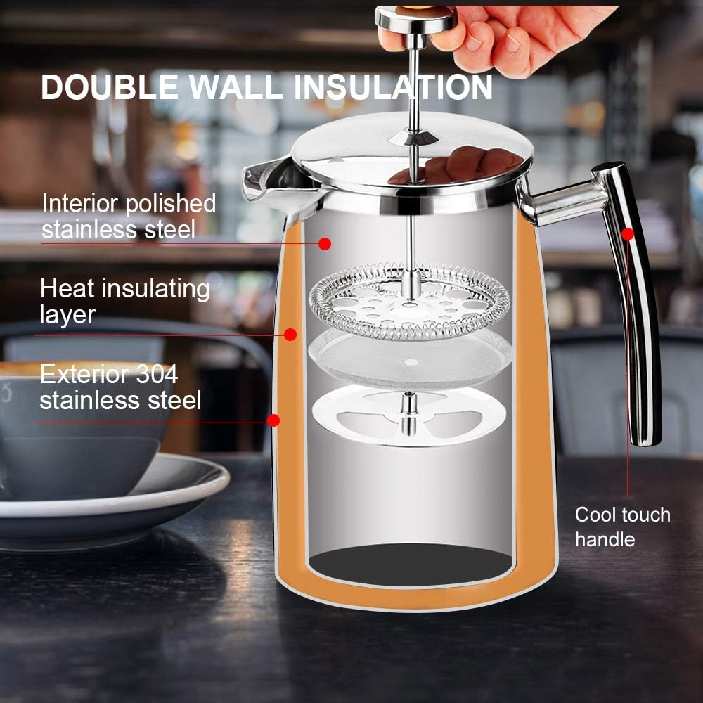 Secura French Press Coffee Maker, 50-Ounce, 304 Stainless Steel Insulated Coffee Press With Extra Screen
