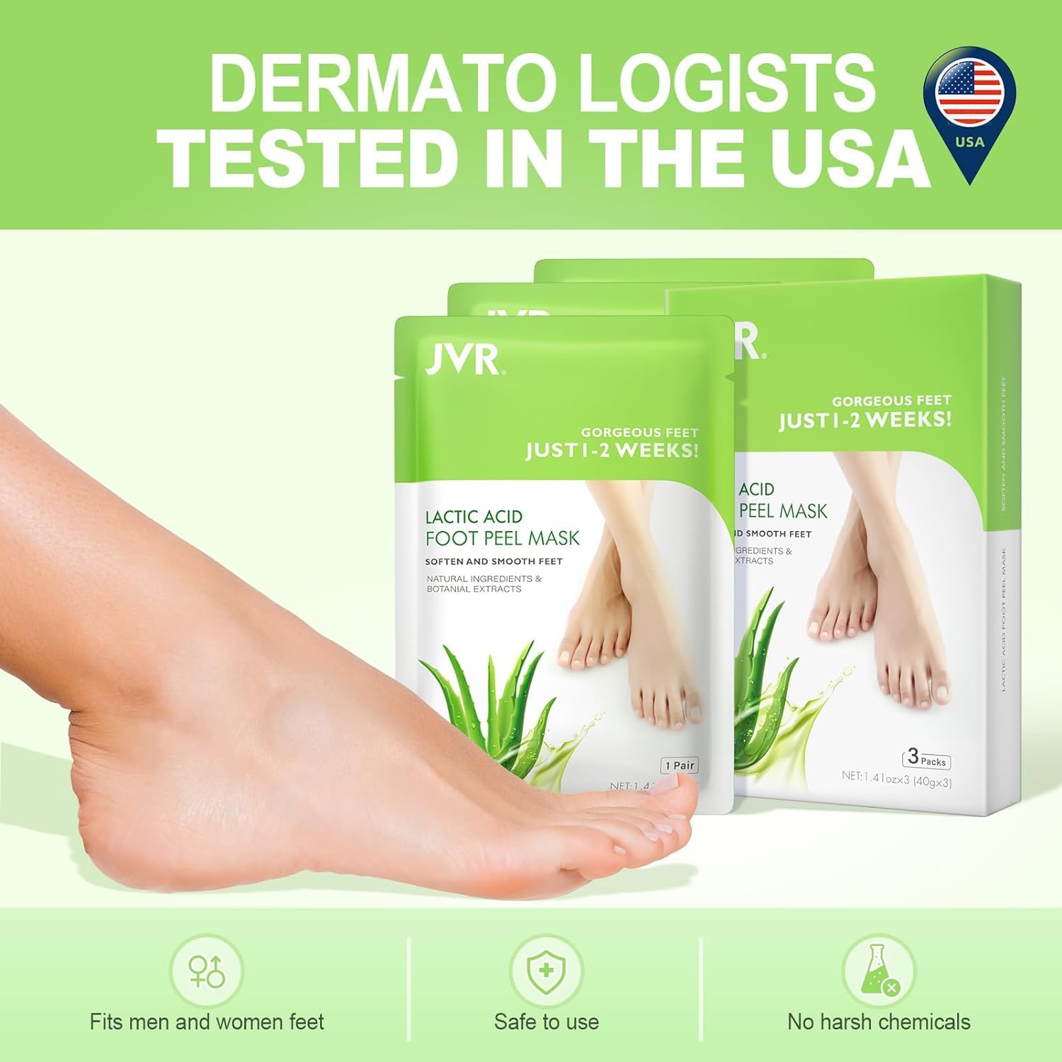 JVR Foot Peel Mask - 3 Pairs - Exfoliating Peeling Callus Remover, Softens Rough, Cracked Heels & Dry Skin, for Smoother and Softer Feet (Aloe Vera)