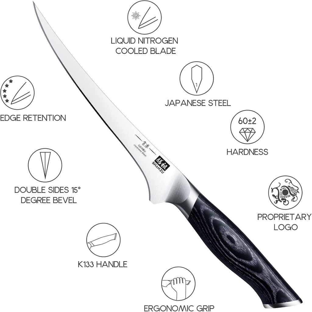 Shan Zu 7 Inch Fillet Knife, Japanese Super Steel Boning Knife, Professional Ultra Sharp Fish Knife With K133 Ergonomic Handle, Black Tortoise Genbu Series