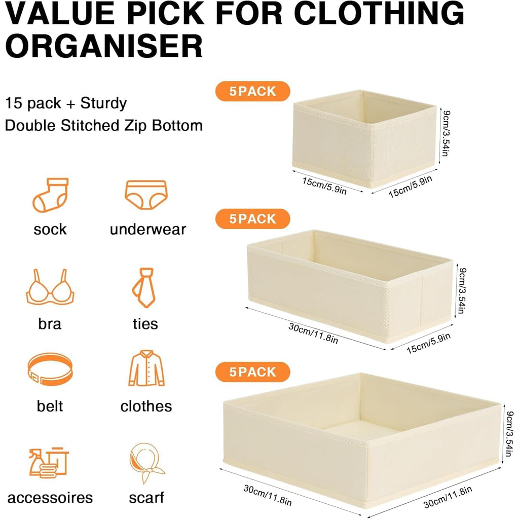 Dimj Drawer Organizer Clothes 15 Pack - Foldable Baby Organizers And Storage & Closet Organizers For Bedroom, Closet - Nursery Organization Dresser Dividers For Underwear, Sock,Bra, Belt, Tie, Beige