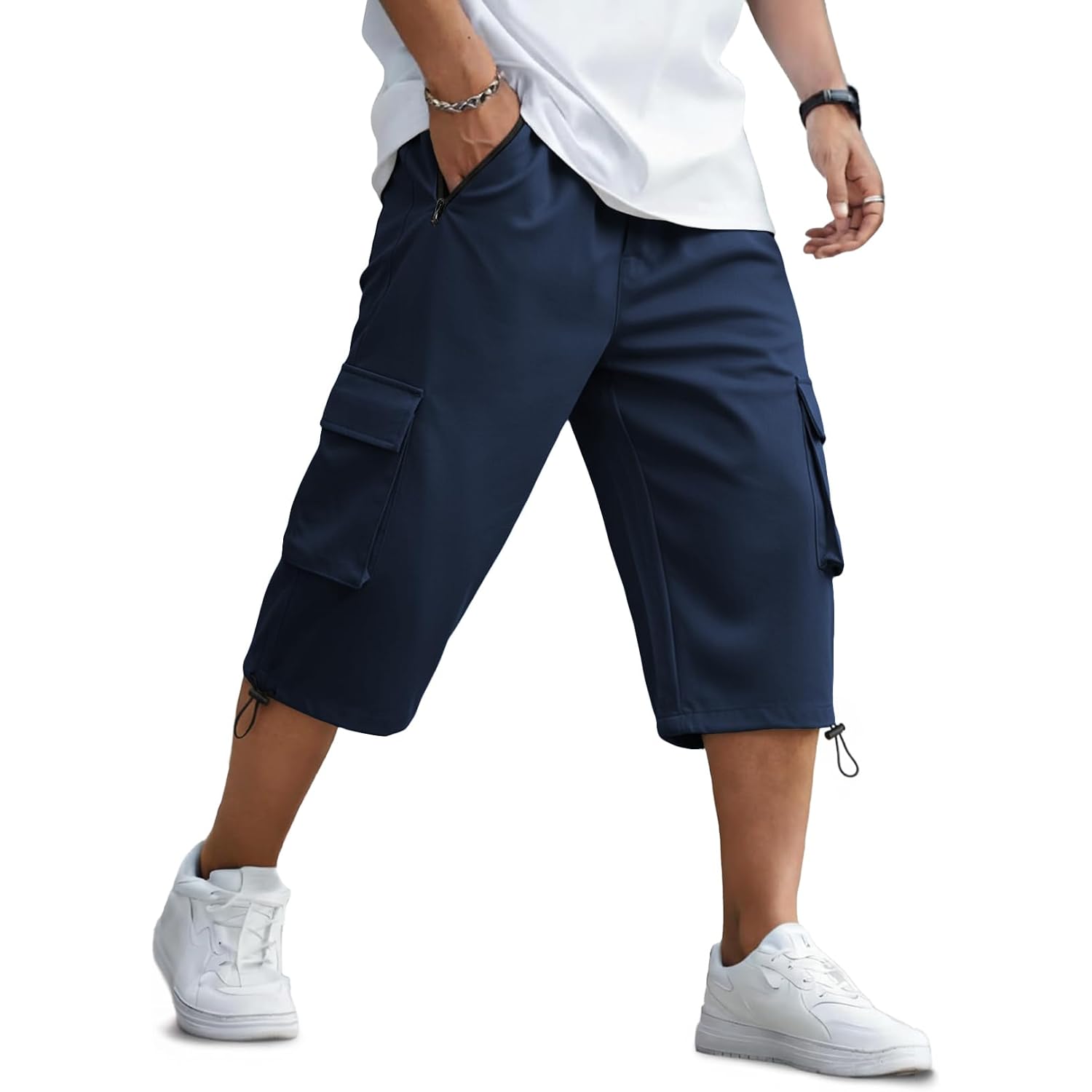 Jmierr Men'S 3/4 Length Cargo Shorts Elastic Waist Capri Pants With Zipper Pockets