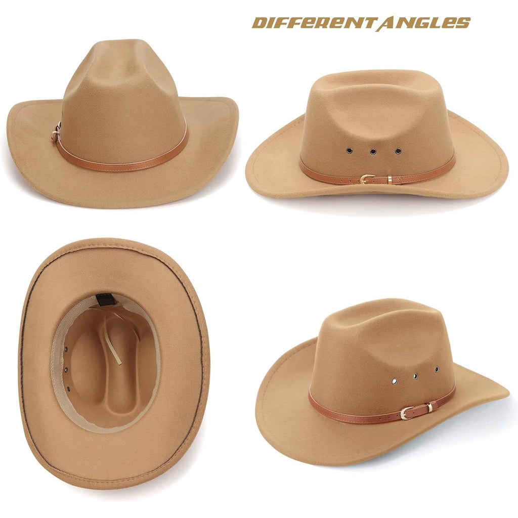 Dreshow Cowboy Hat For Women And Men Western Felt Cowboy Cowgirl Hat Wide Brim Belt Buckle Retro Fedora Hats Unisex Caps