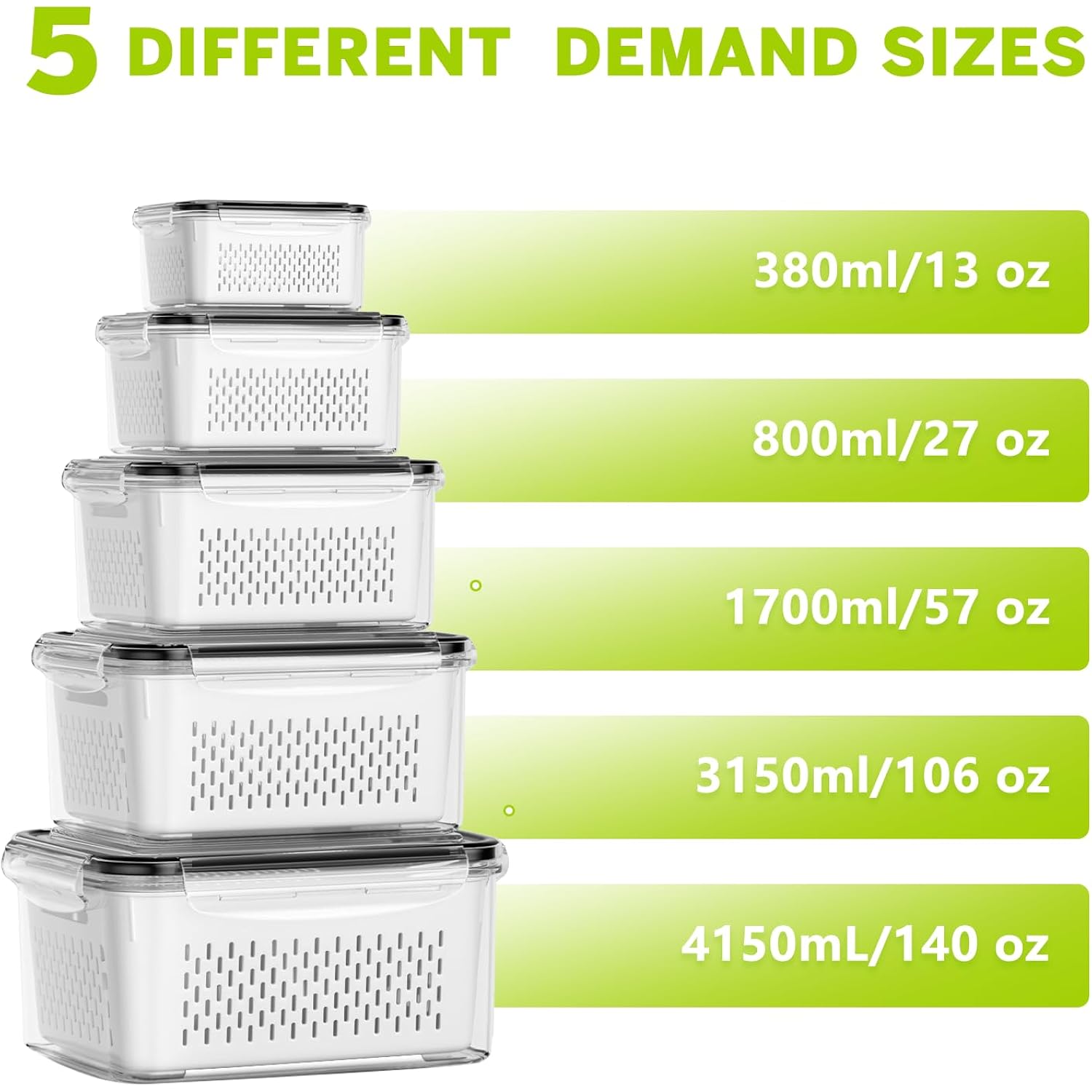 Hometall 5 Pack Fruit Storage Containers For Fridge, Plastic Fruit Containers For Fridge With Removable Colanders, Leakproof Fridge Organizers And Storage For Berry Vegetable Salad Lettuce Meat Food
