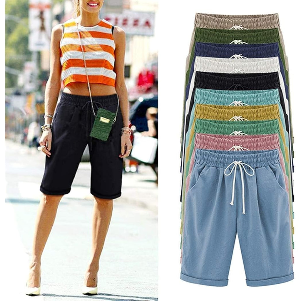 Women's Elastic Waist Knee Length Casual Cotton Bermuda Shorts with Drawstring