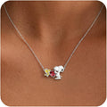 Peanuts Official Snoopy and Woodstock Necklaces, Silver Flash-Plated with Red Crystal Heart, Valentines Gifts for Her