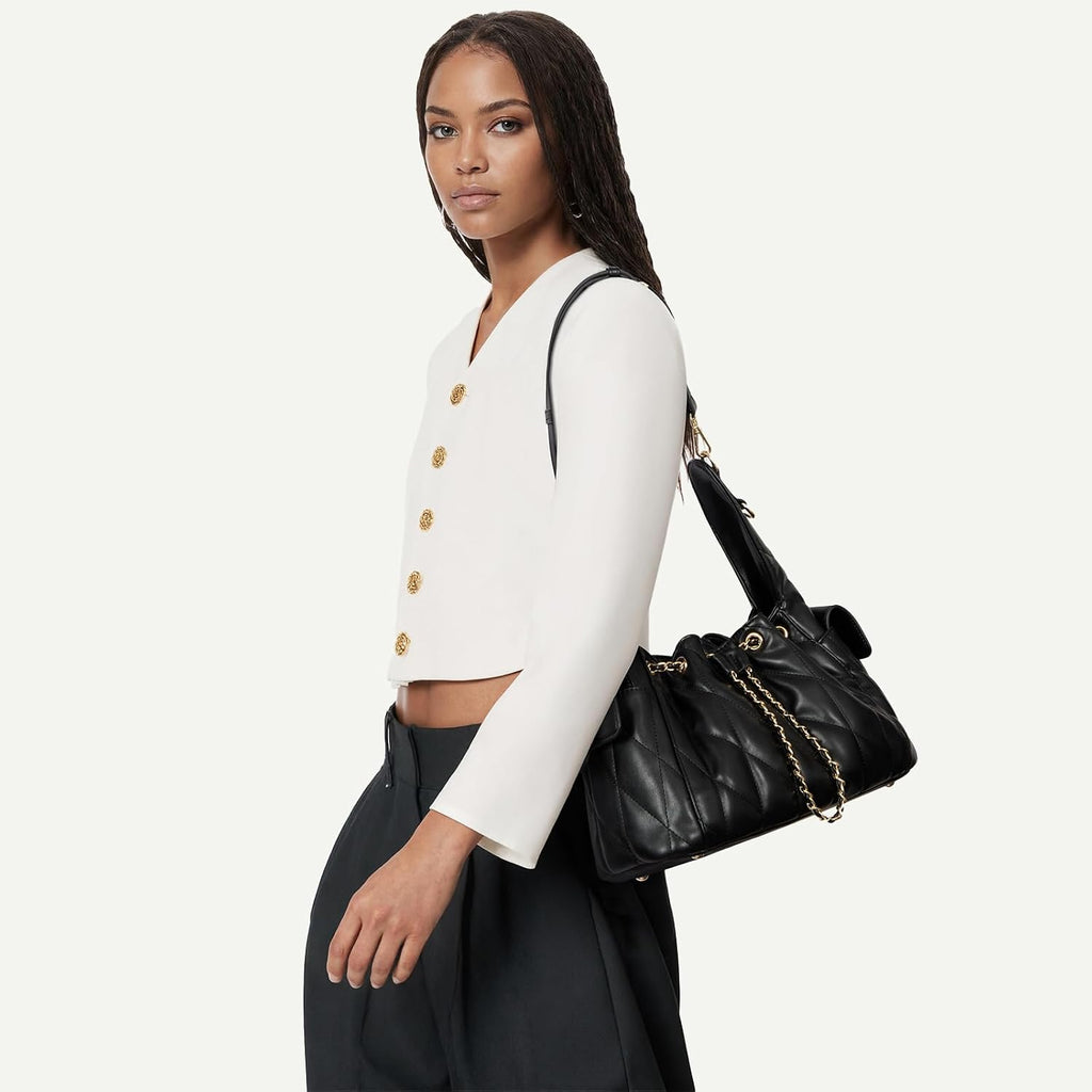 Cluci Quilted Leather Handbag, Soft Tote Bags For Women With Adjustable Strap, Crumpled Shoulder Purse Tabby Slouchy Hobo Bag