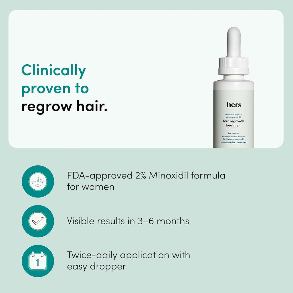 Hers Hair Regrowth Treatment - Topical Minoxidil 2% Solution For Women - Supports Thicker, Fuller Hair - Non-Greasy - Unscented, 2 Pack