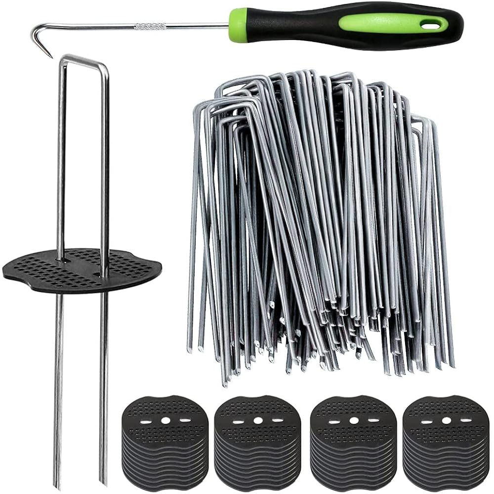 50Pcs Garden Stakes Staples + 50Pcs Gasket, Bakulyor 6 Inch Lawn Landscape Staples 11 Gauge U Shaped Galvanized Landscape Pins, Heavy Duty Yard Ground Pin For Weed Barrier Sod Fabric Decorations - 6"