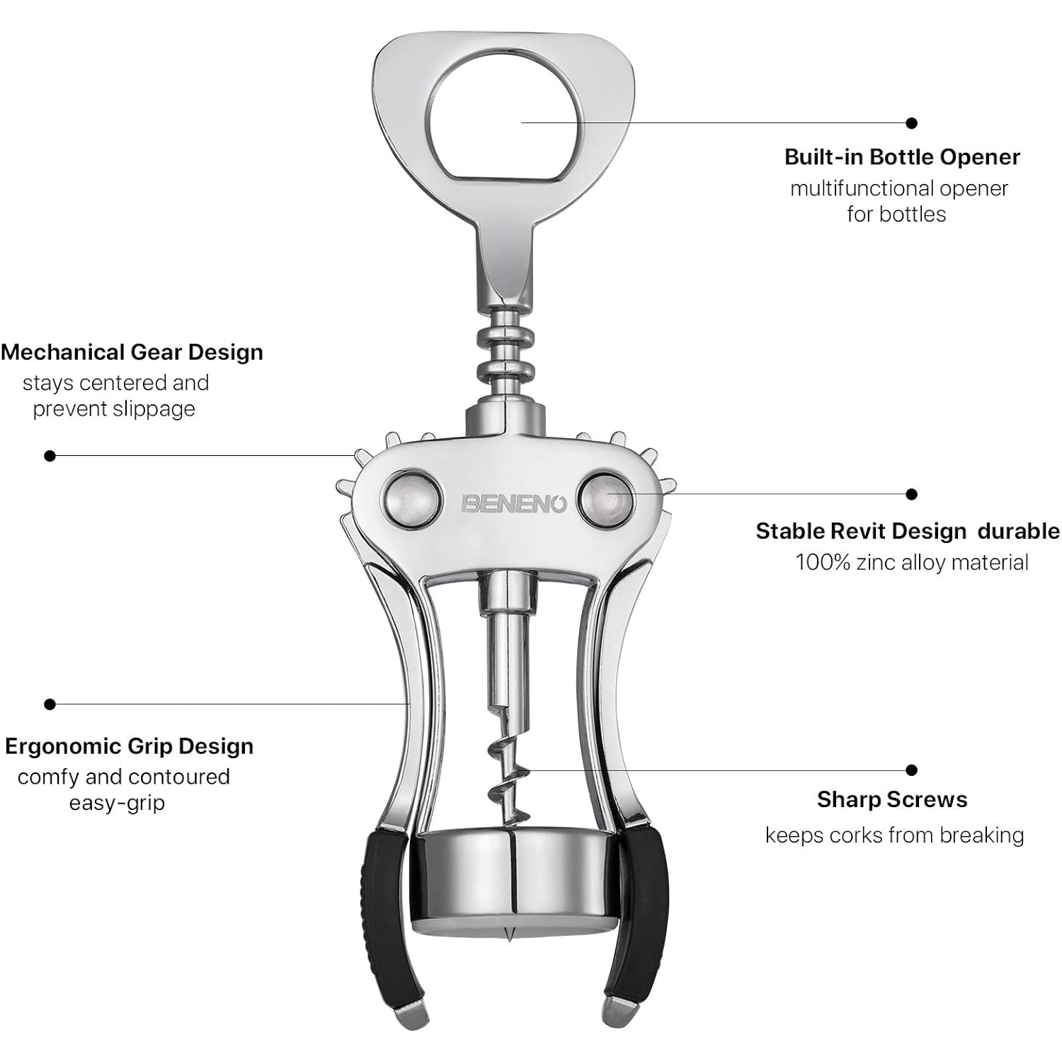 Beneno Wine Opener, Zinc Alloy Premium Wing Corkscrew With Multifunctional Bottles Opener, Sharp Wine Corkscrew With Ergonomic Non-Slip Wing Handle, Silver