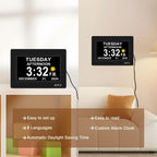 Ssya 7 Inch Calendar Clock - 12 Alarm Options, Level 5 Auto Dimmable Display,Extra Large Impaired Vision Digital Clock With Non-Abbreviated Day & Month (Black)