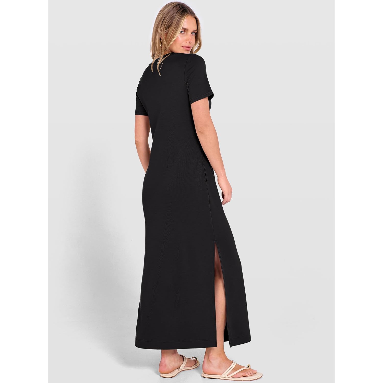 Anrabess Womens Summer Casual Maxi Dress Short Sleeve Crewneck Split Wrinkle-Free Travel Long Sundress Beach Vacation Clothes