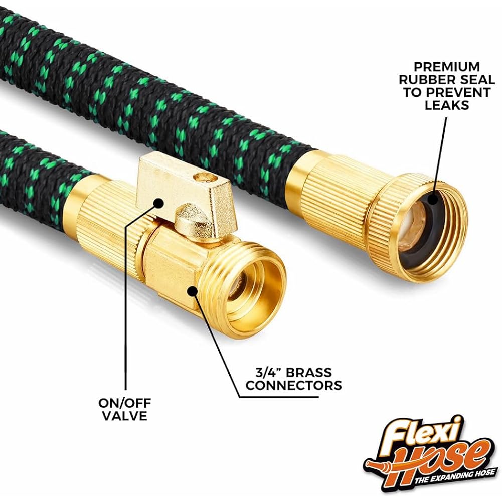 Flexi Hose With 8 Function Nozzle, 50Ft - Lightweight Expandable Garden Hose, No-Kink Flexibility, 3/4 Inch Solid Brass Fittings And Double Latex Core - Black And Green