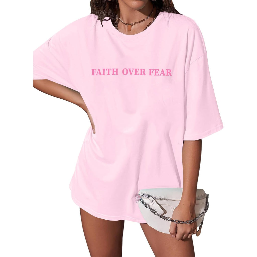 BANGELY Faith Over Fear Shirt Women Graphic Shirts Oversized Workout Gym Christian Religious Tees Drop Shoulder Tee Tops B-pink