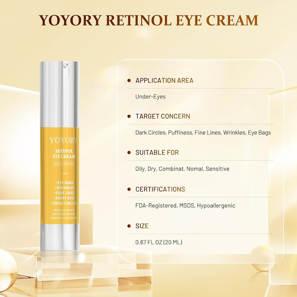 Retinol Eye Cream For Dark Circles & Puffiness – Hydrating & Moisturizing Under Eye Treatment For Wrinkles, Fine Lines & Eye Bags, Gold Formula For Smooth, Revitalized Skin, 0.67 Fl Oz